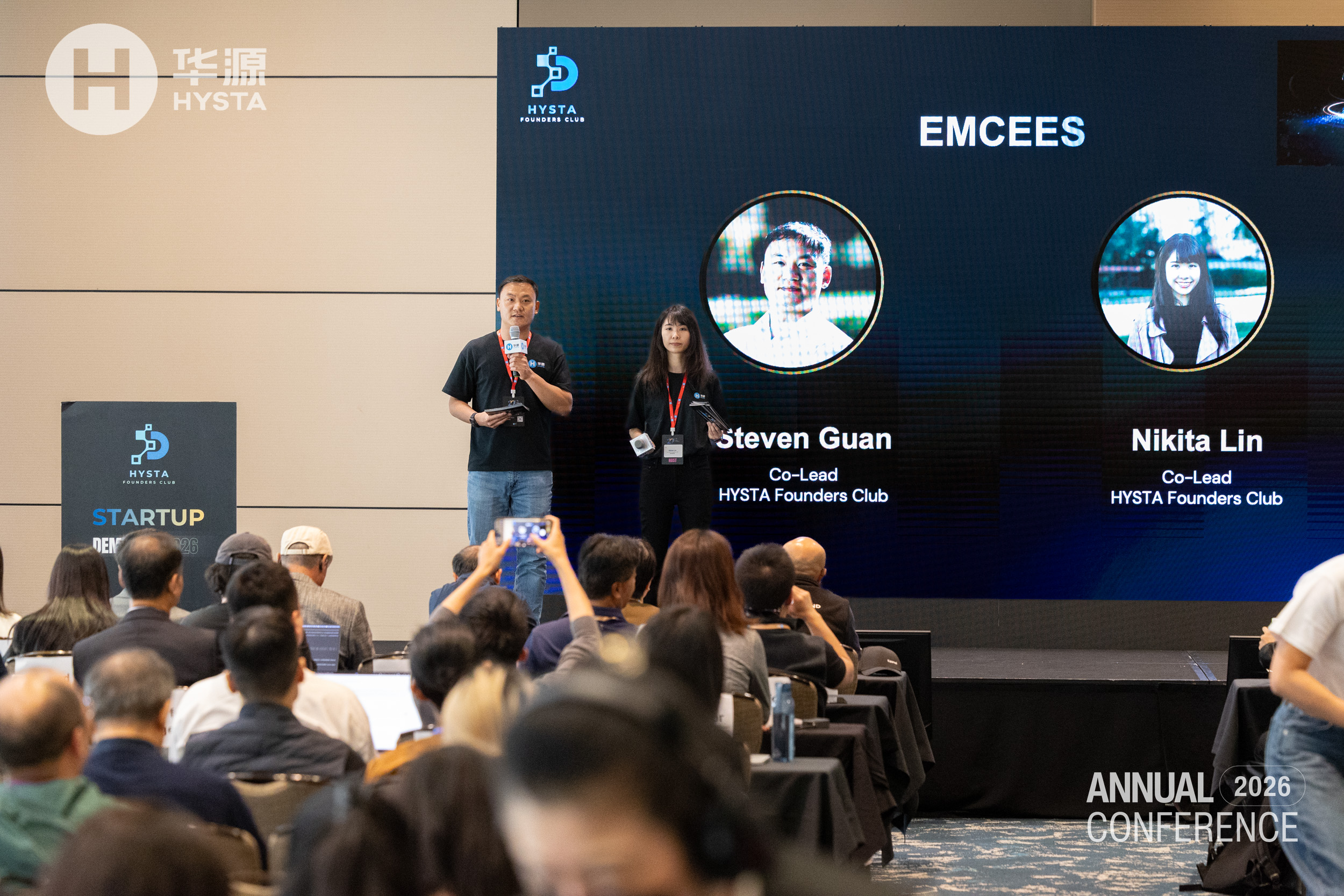 Steven Guan and Nikita Lin co-hosting the Founders Club track