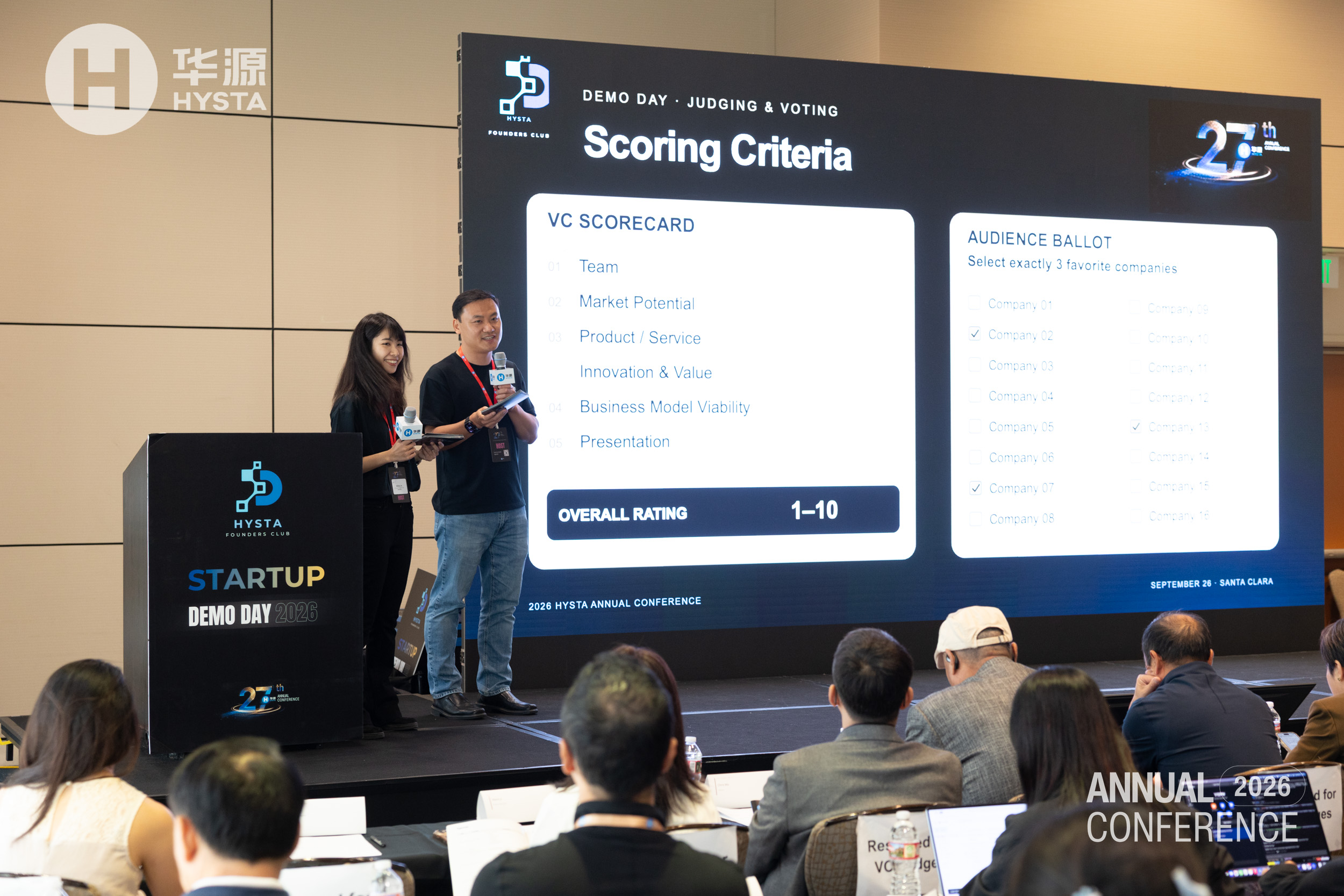 Steven Guan and Nikita Lin explaining the Startup Demo Day scoring criteria